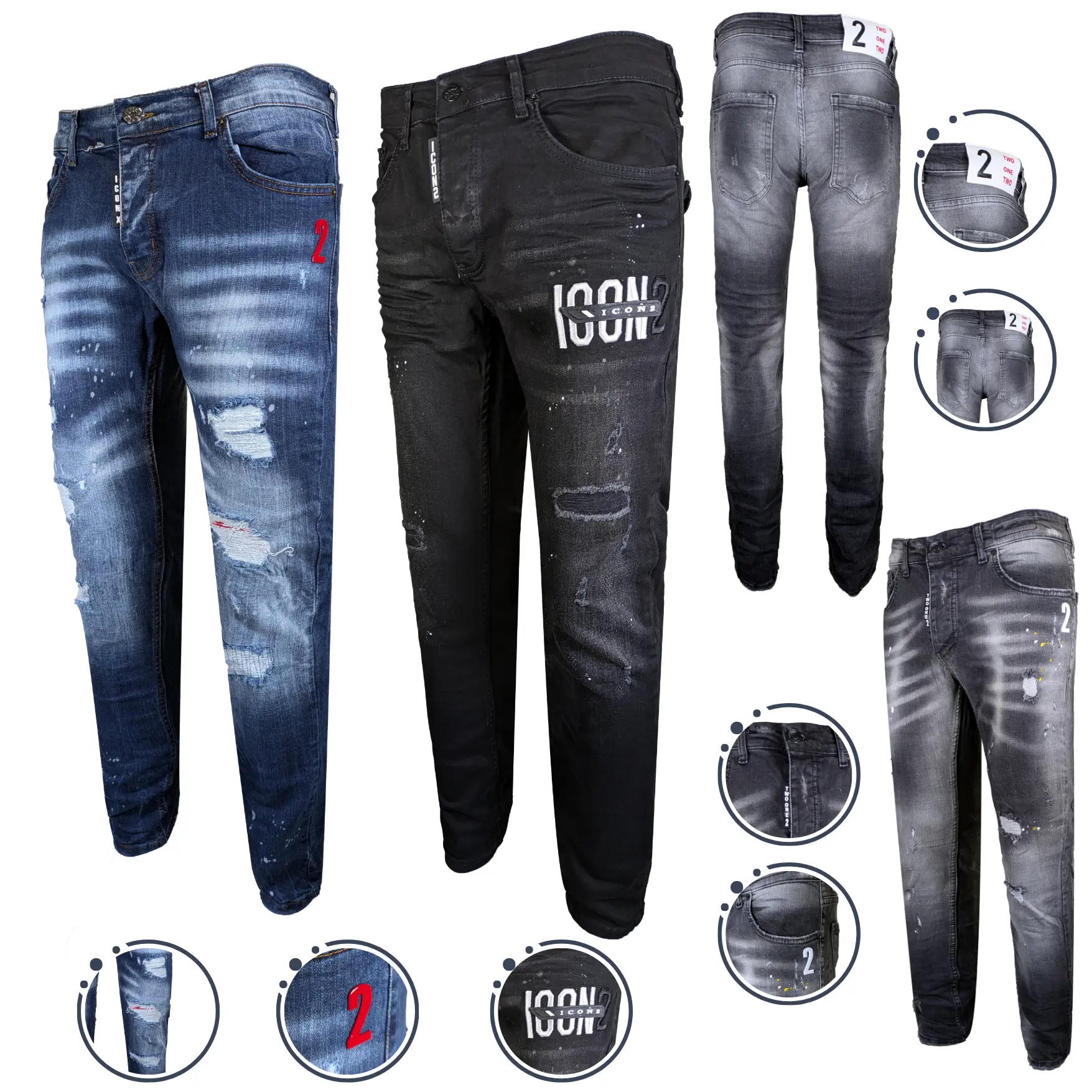 MENS ICON 2 DESIGNER BARNDED VIRAL DENIM JEANS MENSWEAR RIPPED DETAILS SLIM FIT JEANS FASHION CASUAL COMFORT STRETCH STYLISH PANTS STREETWEAR SLIM-FIT PANTS WAIST BUTTON FLY FASTENING COLOR DENIM BLUE BLACK GREY SIZE 28 30 32 34 36 38 Stretchable Trouser