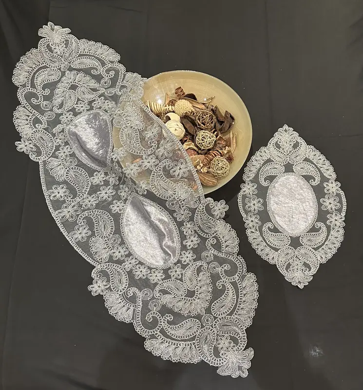 (102) 5pc Doilies Set | Colour: Grey | Sizes: 1 Large, 1 Medium, 1 Small, 2XS | Velvet, Lace, Embroidered | Home Decor, Table Runner, Weddings, Gifts | Crochet, Gifts 1