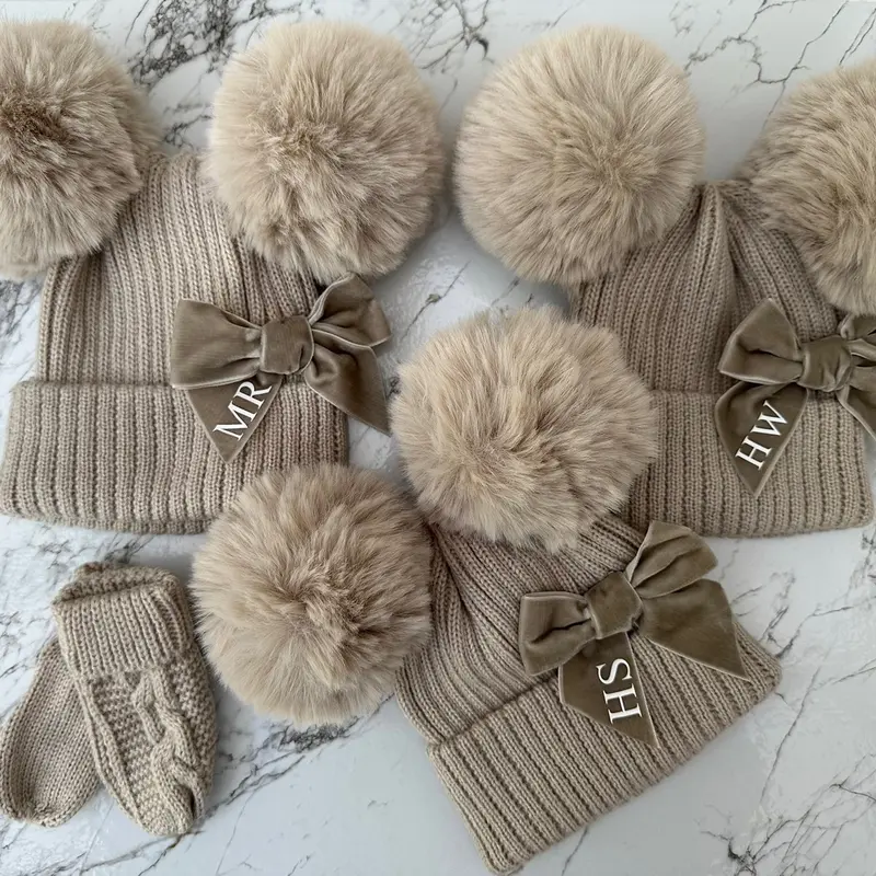 Biscuit or Dusky Pink Double Pom Pom Hat & Mittens - One Size Newborn - 12 Months. 4