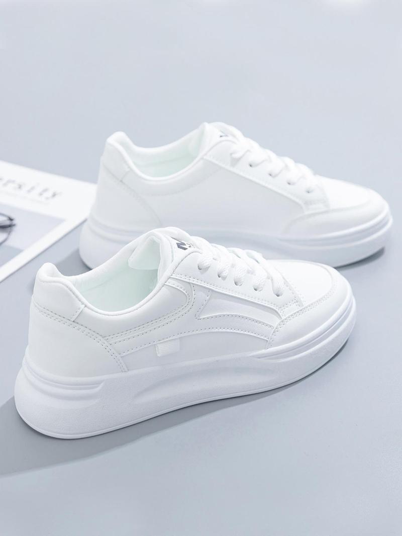 Product Introduction of Women's Fashion Plain Lace Up Front Low Top Skate Shoes, Casual Lightweight Breathable Comfortable Patched Design Sports Shoes, White Sneakers for Daily Wear Running Runner Training Trainer Walking Shoes Closed Athletic Footwear 11