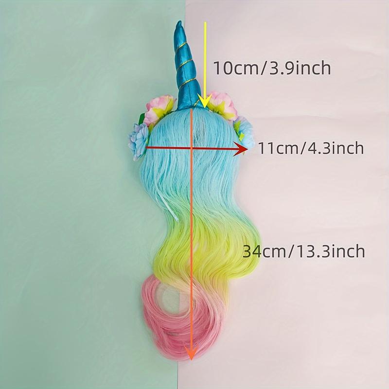 Unicorn Headband Curly Wig For Girls, Rainbow Flower Birthday Party Supplies Halloween Decorations For Girls Hair Accessories Music Festival Masks Comfortable Gift Magical Ornaments Multicolor 3