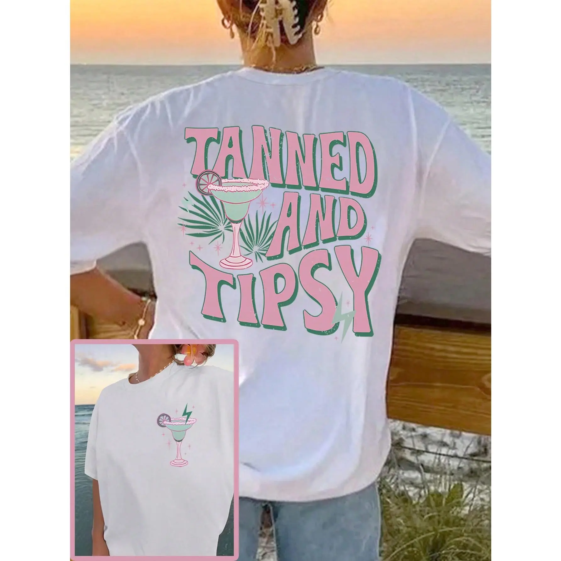 INAWLY Oversized T-Shirt, Summer Beach T-Shirt TANNED AND TIPSY Graphic Tees Women Tops