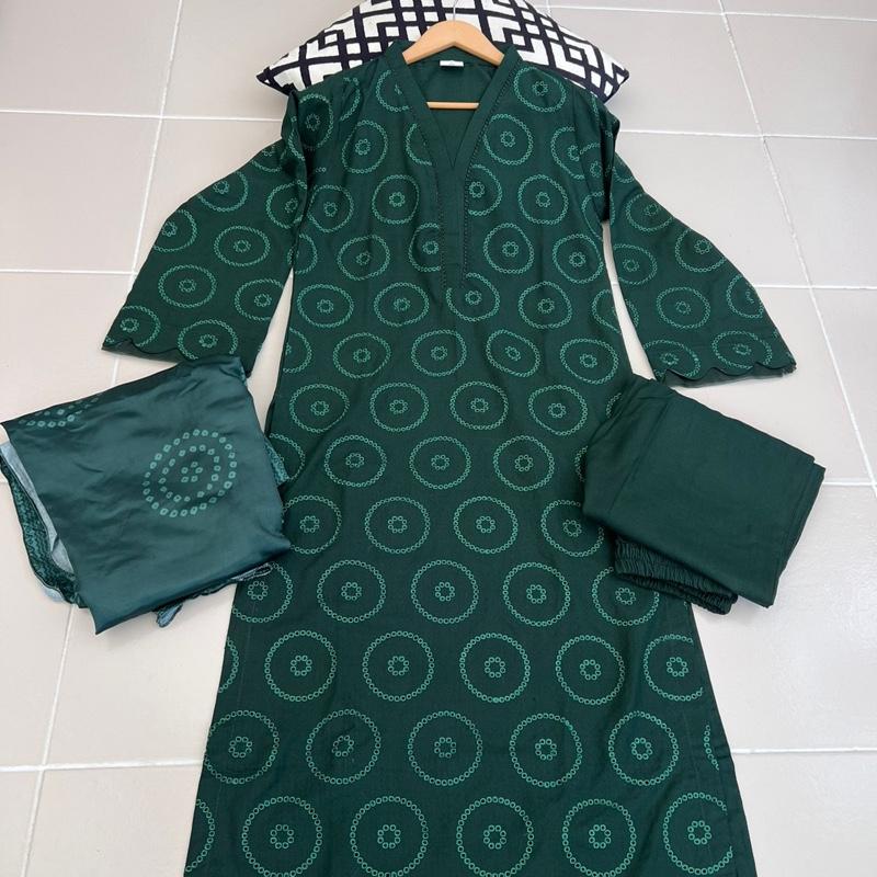 3 pc dhanak fabric Chickenkari long shirt suit with dupatta , organza detailing on daman and sleeves Womenswear 2
