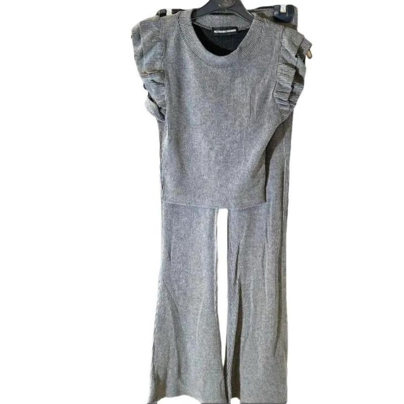 Women's Top & Trousers Set Two Piece Flare Full Set Frill Short Ribbed Womenswear Overalls Suits Comfort Casual Shortsleeve Underwear Basic Minimalist 1