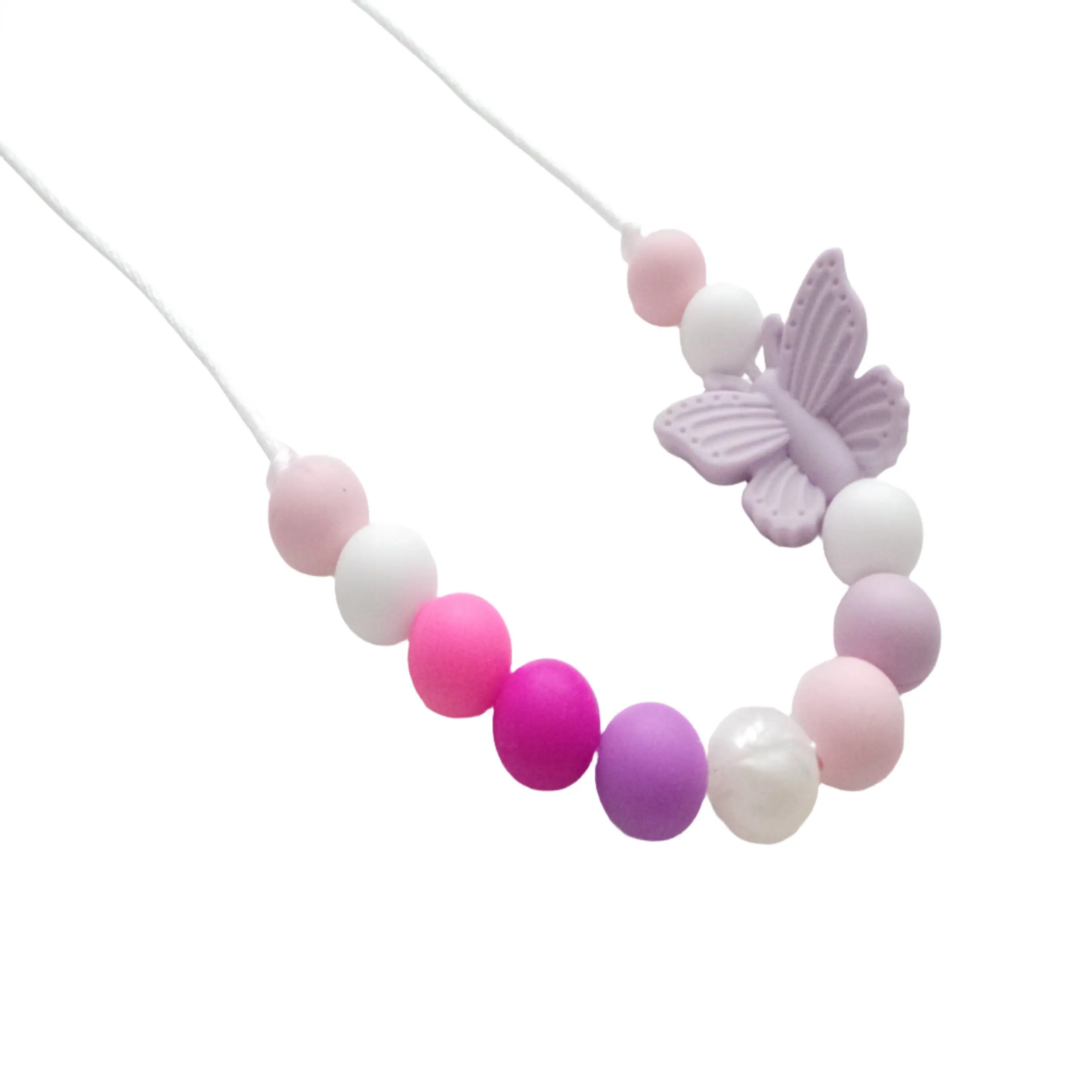 Kids Necklace- Silicone Pastel beads & Lilac Butterfly