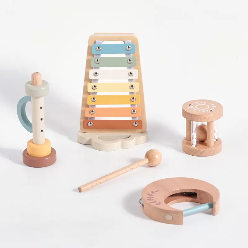 Wooden Early Education Music Cloud Piano Toy with Sun Rattle and Moon-Shaped Hand Drum for Christmas, Halloween, Thanksgiving, and Birthday Gifts 2