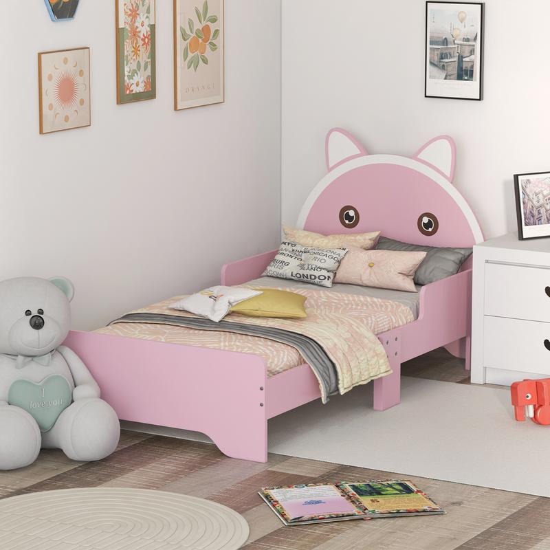 ZONEKIZ Toddler Bed Frame, Kids Bed Cat Design Princess Bed Bedroom Furniture with Guardrails, for 3-6 Years Old, 143L x 74W x 72Hcm - Pink 1