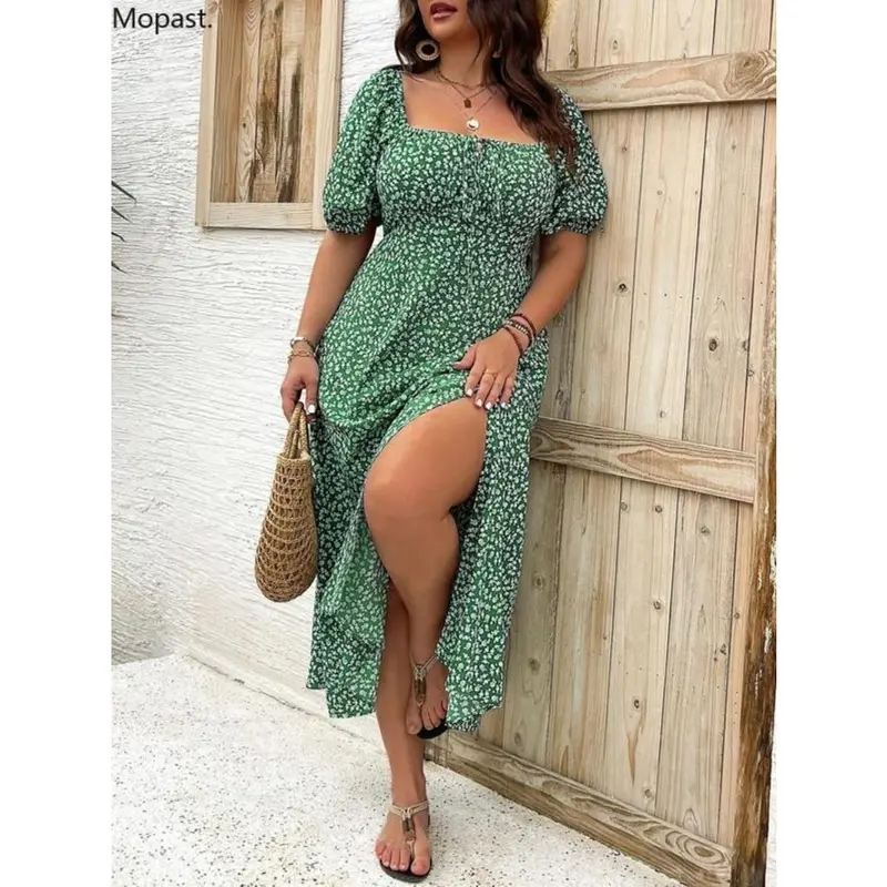 【Plus Size】 Ditsy Floral Print Split Thigh Dress, Boho Puff Sleeve Tie Front Sundresses, Maxi Dress, Summer Dresses 2024, Daily Wear Ella Thomas Coming Home Outfit, Wedding Guest College Dress Hide Tummy Black Party Dresses, UK Green Dress Lady 0