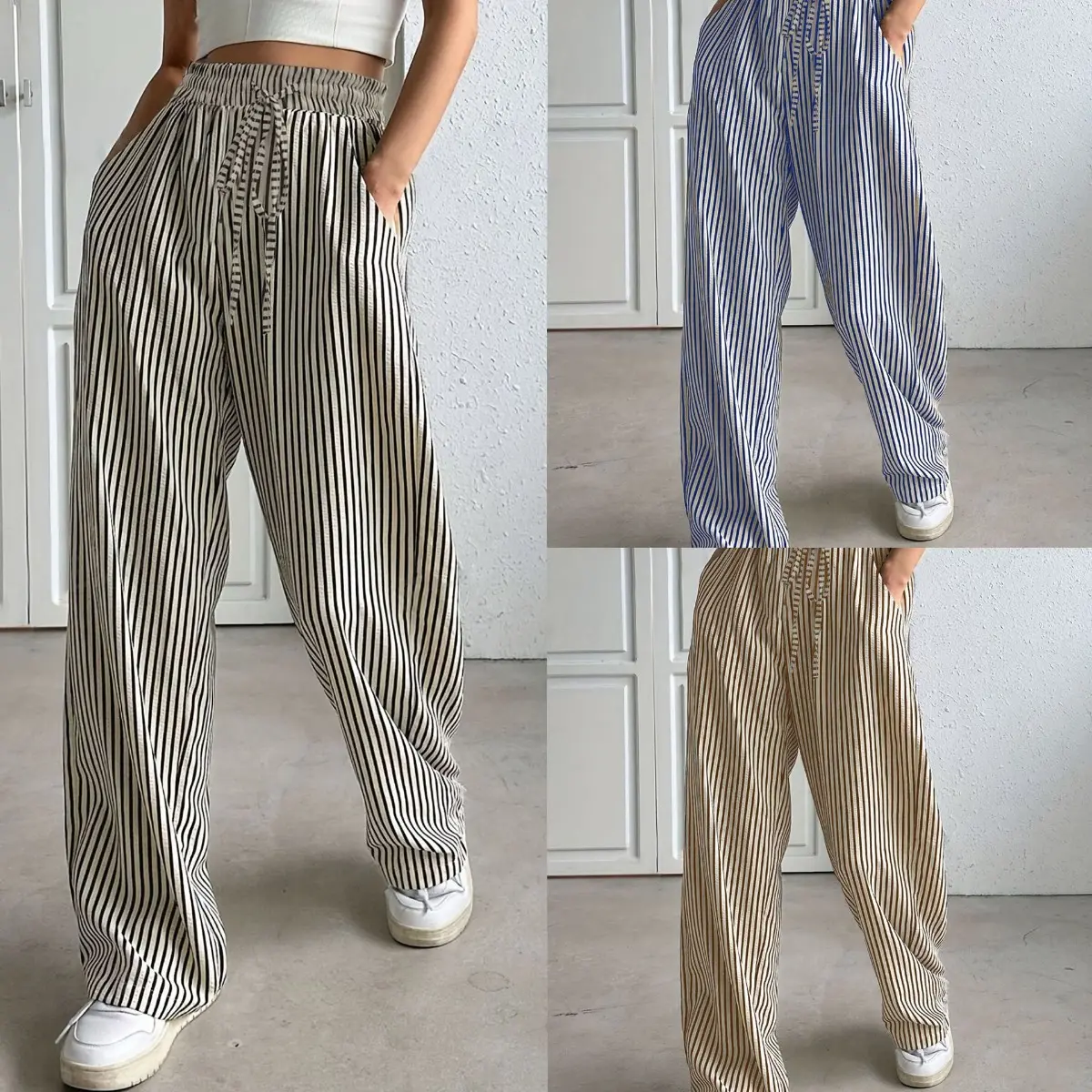 Women's Striped Print Drawstring Waist Wide Leg Pants, Casual Pocket Trousers for Daily Wear, Ladies Bottoms for All Seasons