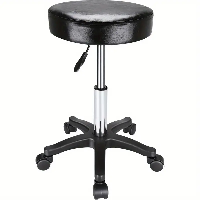 Round Rolling Stool Chair PU Leather Adjustable Swivel Stool 360° Rotatable Hydraulic SPA Salon Tattoo Work Office Chair Modern Industrial Metal Style Work Massage Stools on Wheels (Black) 0