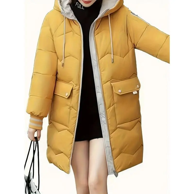 Cozy Thermal Puffy Coat - Cotton-padded Jacket with Drawstring Hoodie, Long Sleeve, Flap Pockets, and Zip-up Design for Fall and Winter - Women's Casual Outerwear for Chilly Days 2