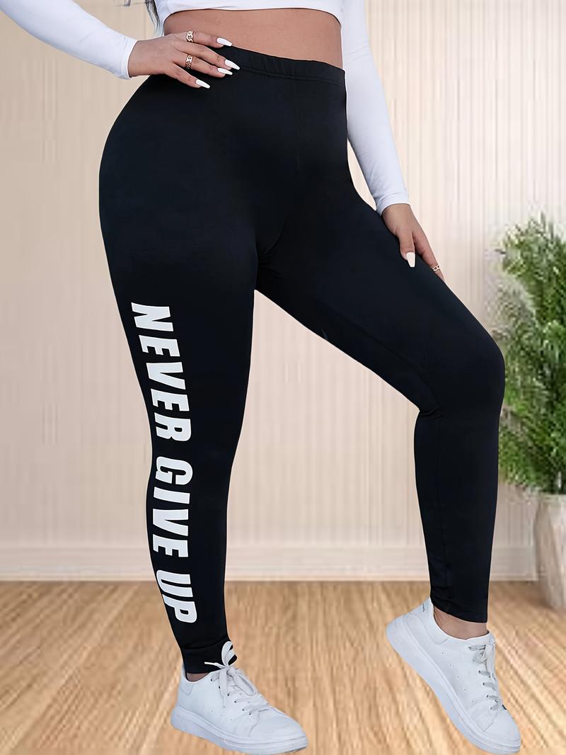Product Introduction of Plus Size Slogan Print Skinny Leggings, Casual Every Day Stretchy Leggings, Women's Plus Size Clothing 1