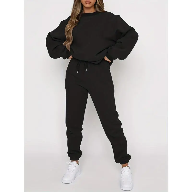 Two-Piece Solid Color Crew Neck Long Sleeve Top and Drawstring Jogger Pants Set - Soft Micro Elasticity Polyester Fabric, Pocket Details, Casual Wear for All Seasons 5