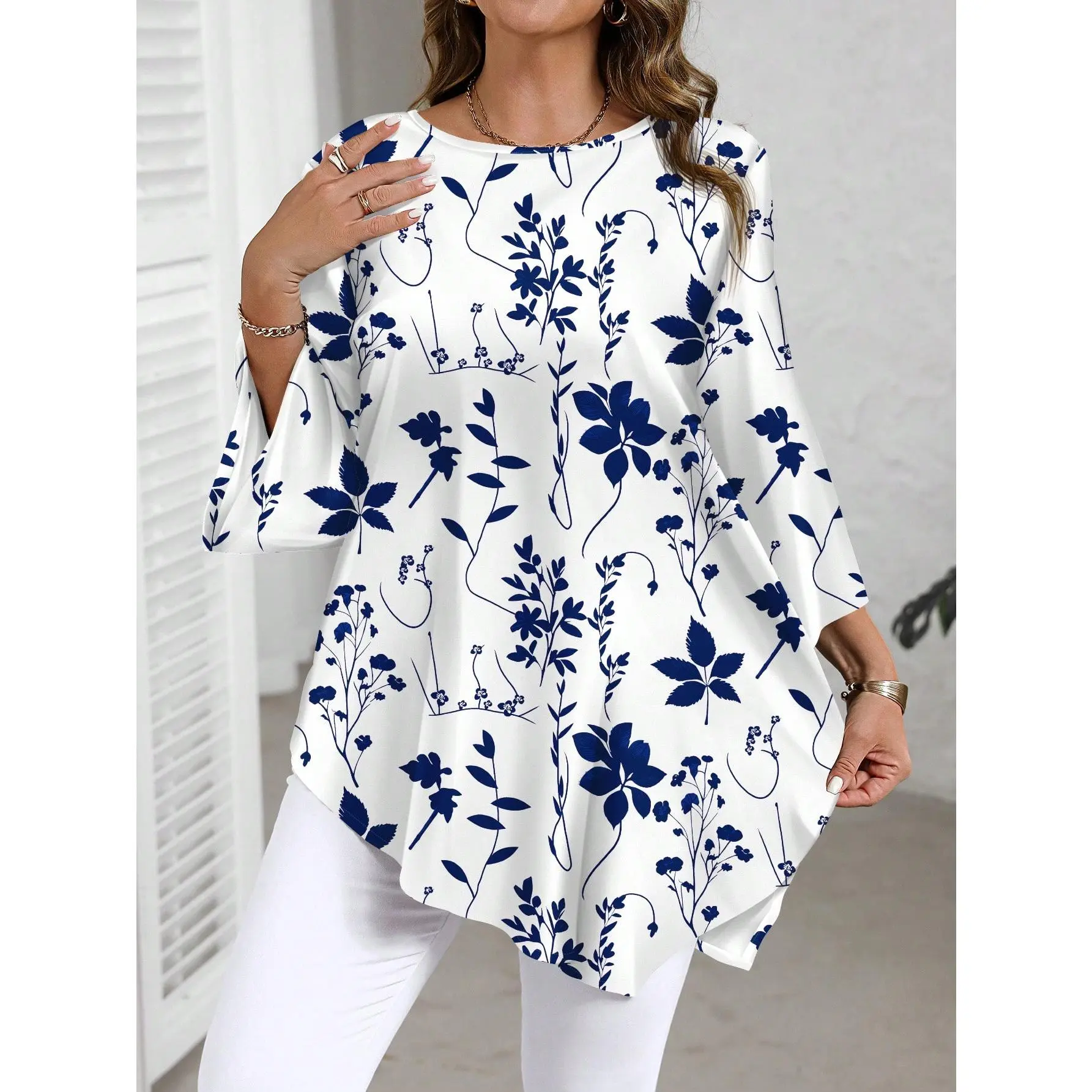 EMERY ROSE Plus Size Casual Minimalist All-Over Print Shirt, Spring/Autumn Fabric Fit Polyester Floral Blouse Womenswear Comfort Top Long Sleeve Multicolor