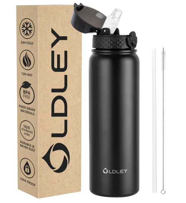 OLDLEY Stainless Steel Water Bottle with Straw 1L Vaccum Insulated Large Drink Flask Metal Water Bottles 1 Litre Leakproof Keep Drinks Hot Cold for Bike Sports Gym Adult Women Men(Black,1 Lid)