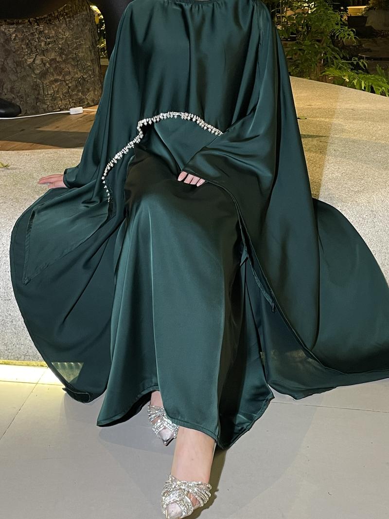 Product Introduction of 2025 Ramadan Promotion Two- piece Satin cape elegant dress , occasion abaya , Modest dress with pearl and crystal 11