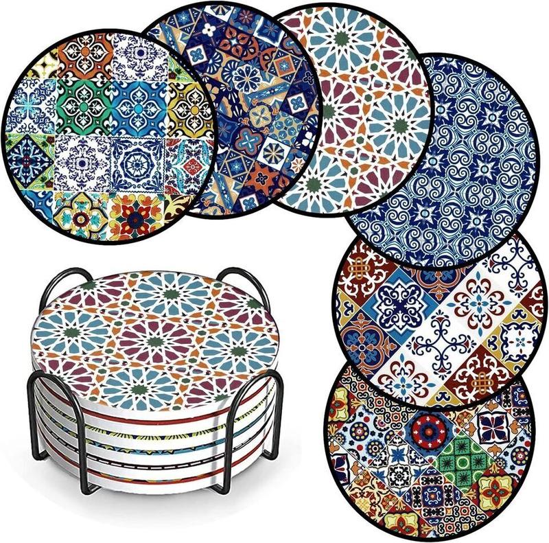 Turkish Patterned Coasters for Drinks Pack of 6 Ceramic Marble Coasters with Metal Holder, 4 Inches 8 Different Mandala Patterns, Suitable for Wooden Table and Kinds of Cups Tableware Round Set Tea Coffee 5