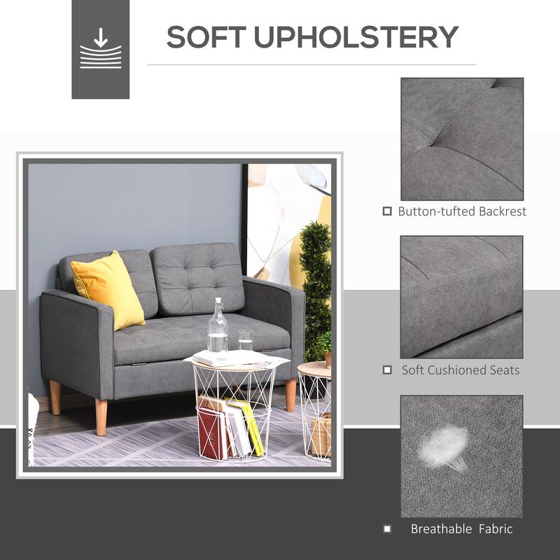 HOMCOM Modern 2 Seater Sofa with Hidden Storage, 117cm Tufted Cotton Couch, Compact Loveseat Sofa with Wood Legs, Grey 2