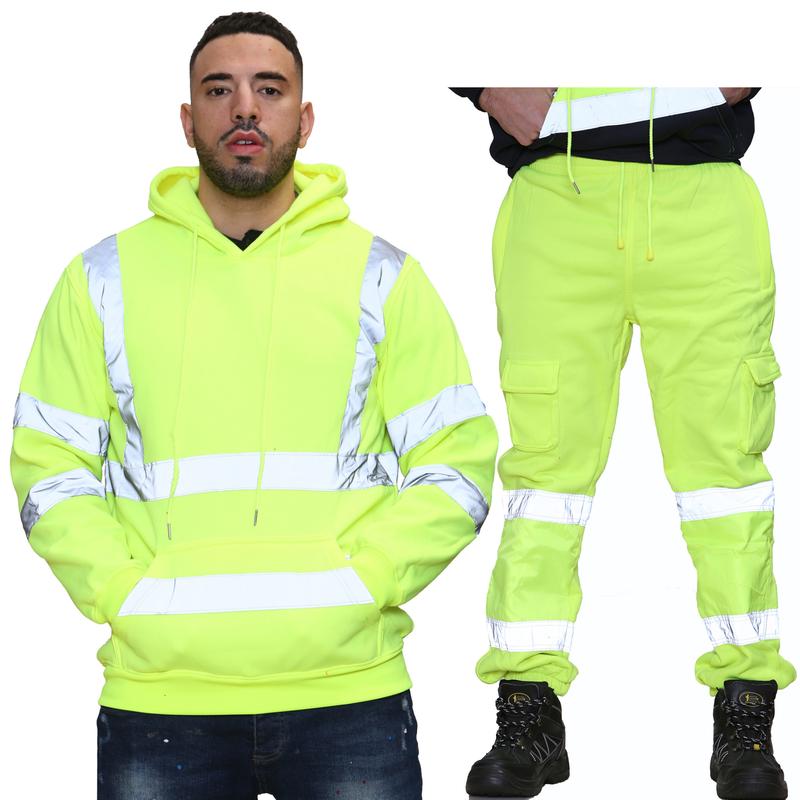 Men's Hi Vis Viz Tracksuit Pullover Hoodie & Jogging Bottom Trouser - High Visibility Safety Security Work Wear Sweatsuit Set 7