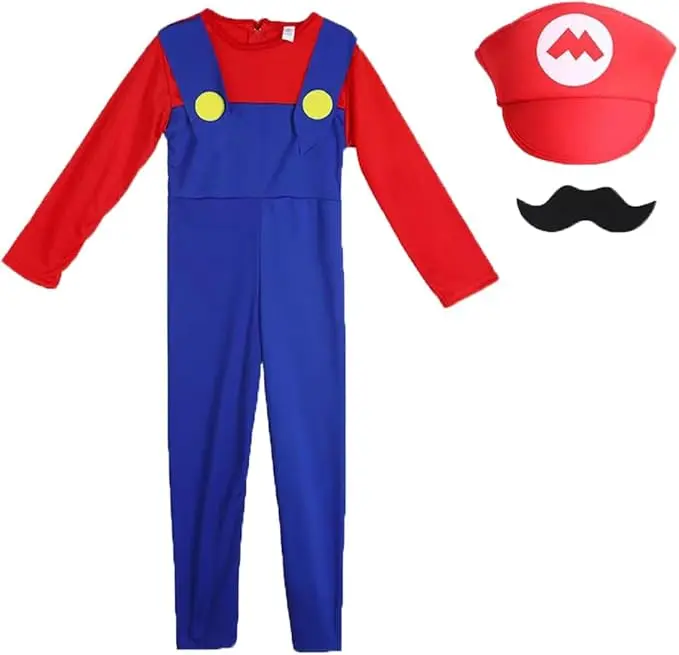 Halloween Plumber Costume Outfits for Kids Adult Unisex Cosplay Fancy Dress up with Bros Hats Cap Mustaches Halloween Cosplay Carnival 1