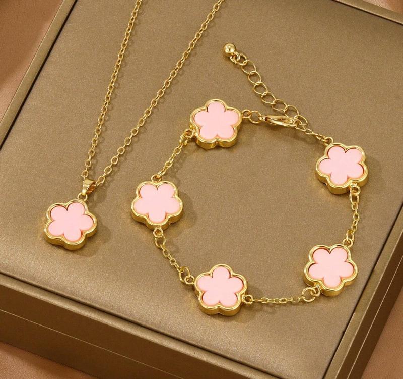 Product Introduction of Pink Clover Necklace And Bracelet Jewelry Set, Suitable For Valentine's Day Gift Valentines 0