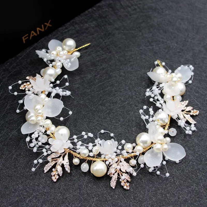 ICYBYAMON Bride Headband, Wedding Party Hair Band Rhinestones Hair Crown Crystal Pearl Hair Pc Tiara Hairbands Elegant Wedding Jewellery Accessories, Gold,White, 32.5cm x 3cm 1