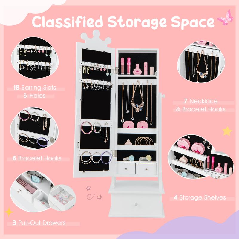 COSTWAY Kids Jewelry Cabinet Armoire with Full Length Mirror and 3 Storage Drawers 1