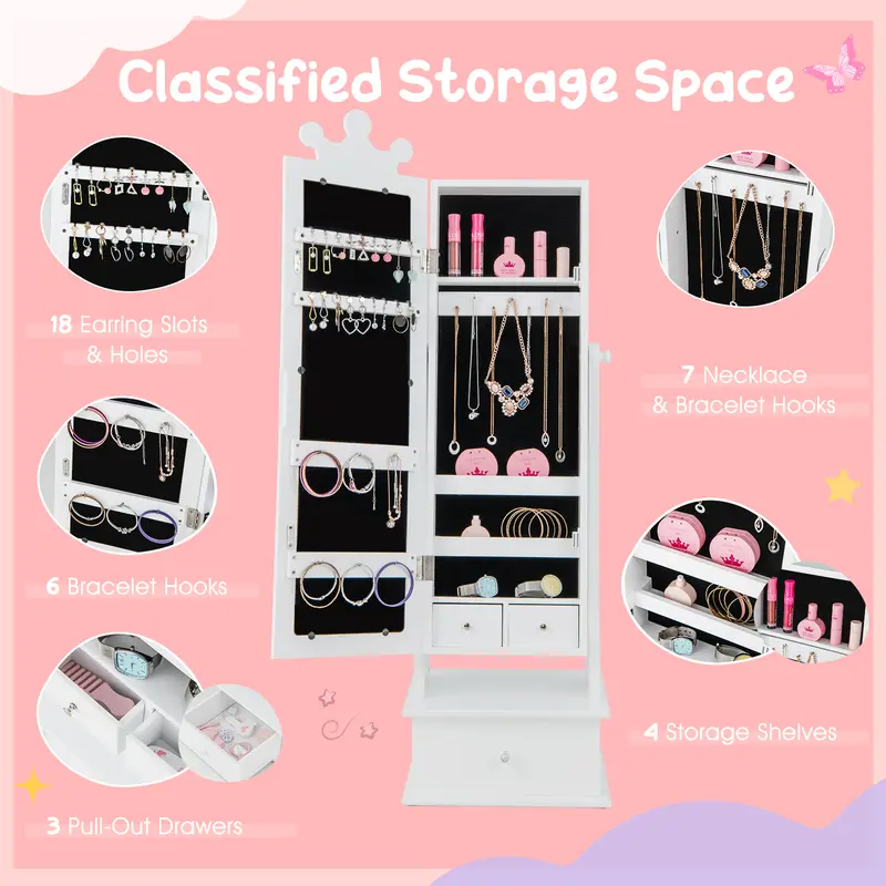 COSTWAY Kids Jewelry Cabinet Armoire with Full Length Mirror and 3 Storage Drawers 1
