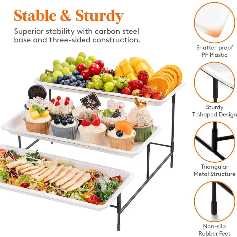 Lifewit 3 Tiered Plastic Serving Tray for Party Supplies, Platters for Serving Food, Reusable Trays with Mental Display Stand for Veggie, Fruit, Cookies, Dessert 7
