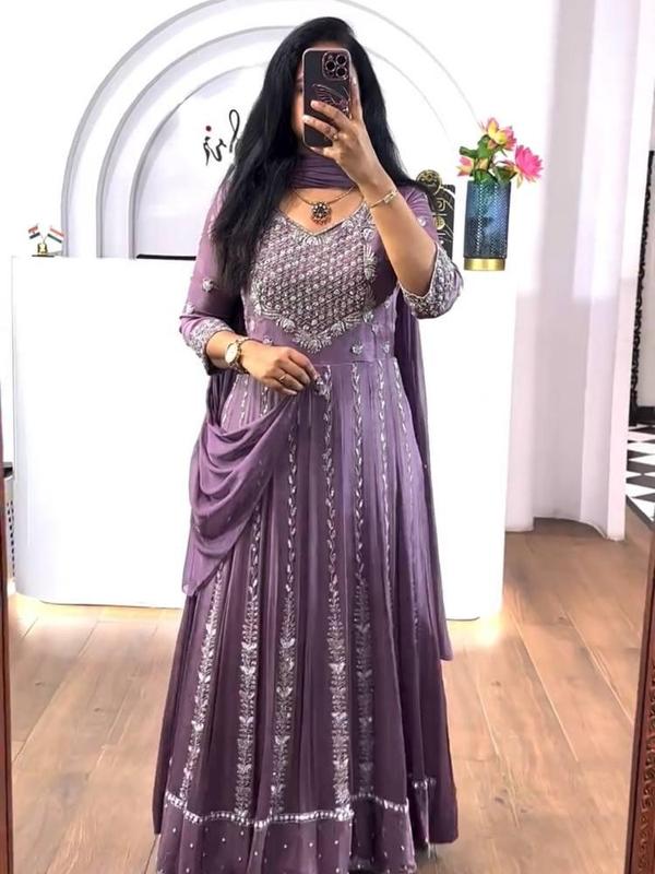 Luxury Embroidered Chinon Gown with Dupatta Comfort Outfit Traditional Women Womenswear Dress Dupatta Elegance Embroidery Elegant Soft Flared Flowy Formal Matching Party Piece Round Neck Sequins Sleeves Sleeves Statement 6