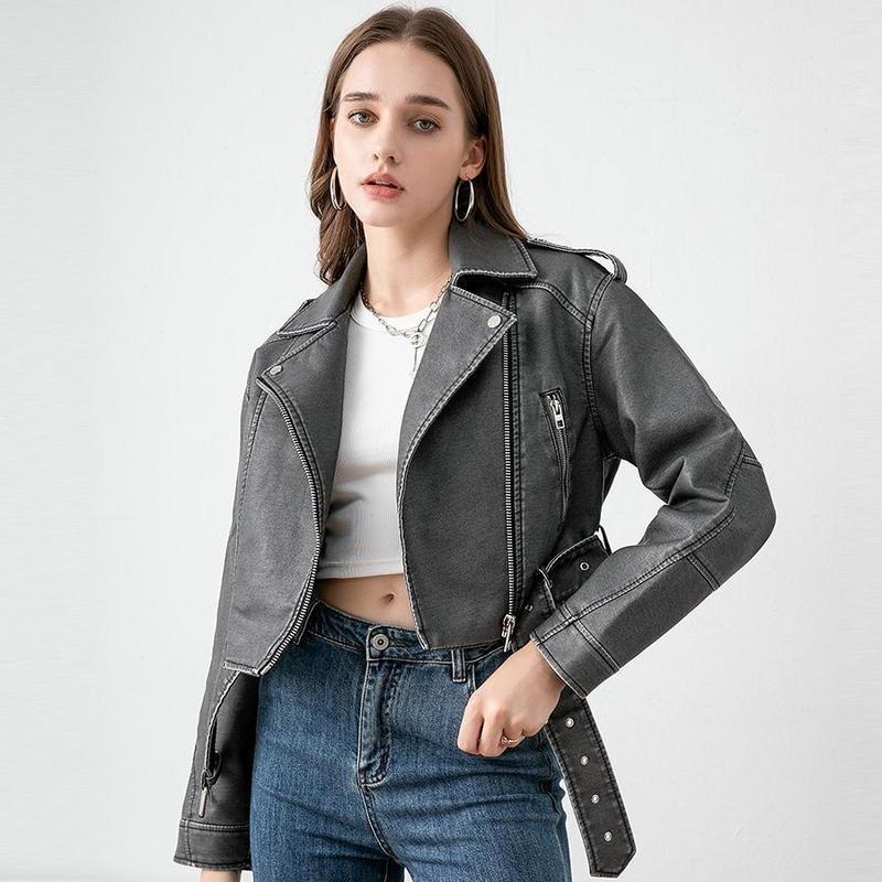 【2025】Premium Faux Leather Jacket coat  for Women,Solid Color Pocket Zipper PU Cropped Collared Long Sleeve Biker Faux Leather Jacket, Street Fashion Casual with Removable Belt Zipper Pocket for Autumn&Winter,New year/Christimas gift,fast delivery 4