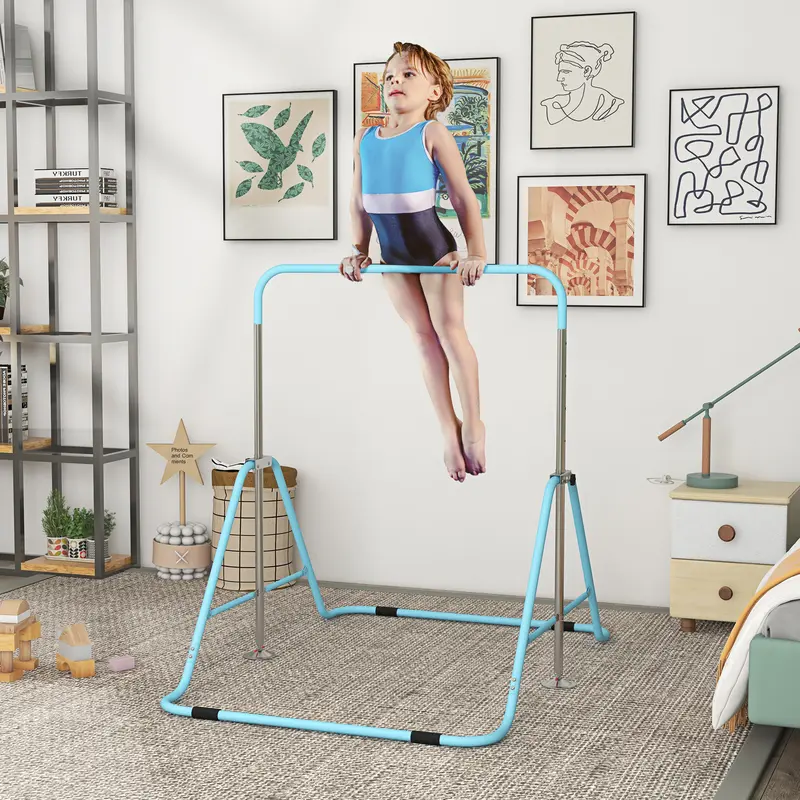 HOMCOM Kids Gymnastics Bar, Foldable Horizontal Bars w/ Adjustable Height, Training Bar w/ Triangle Base 0