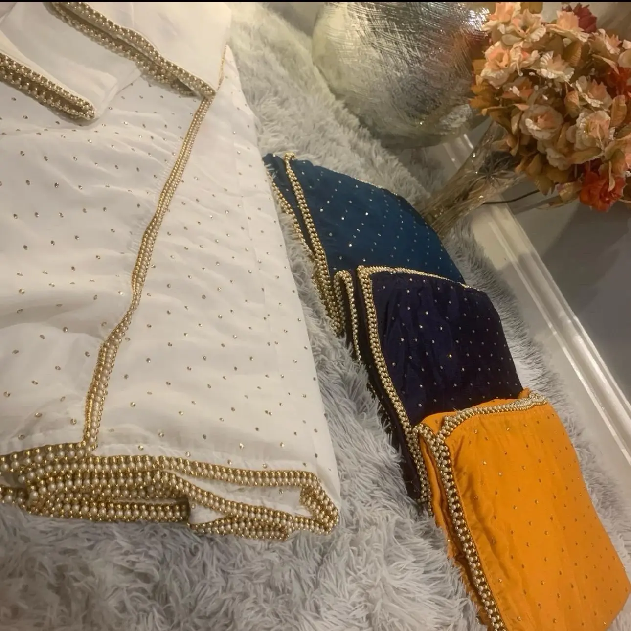 Chiffon pearl saree with ready made blouse