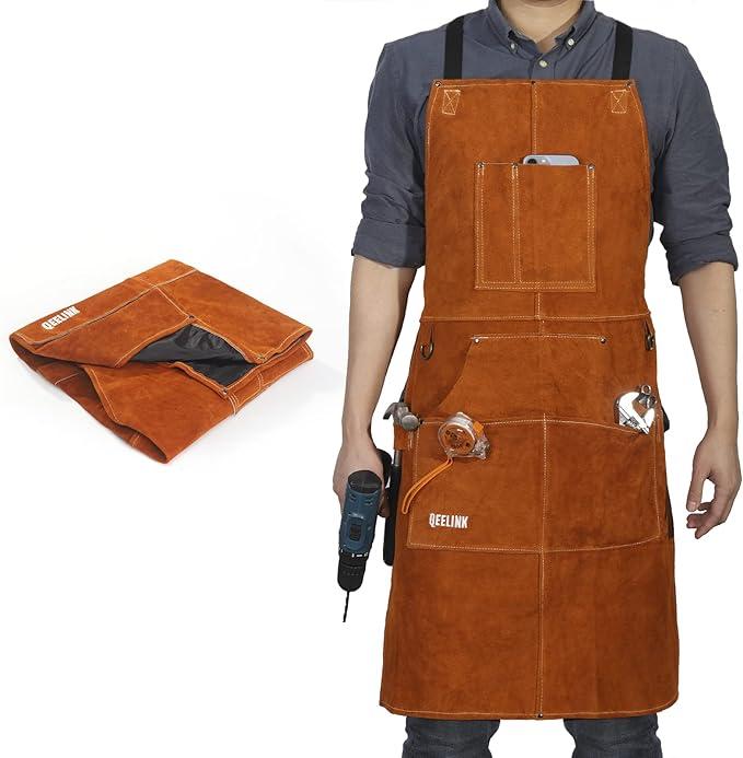 Leather Woodwork Apron,  Heavy Duty Leather Apron with 6 Tool Pockets, Adjustable M to XXL Hand Retro 0