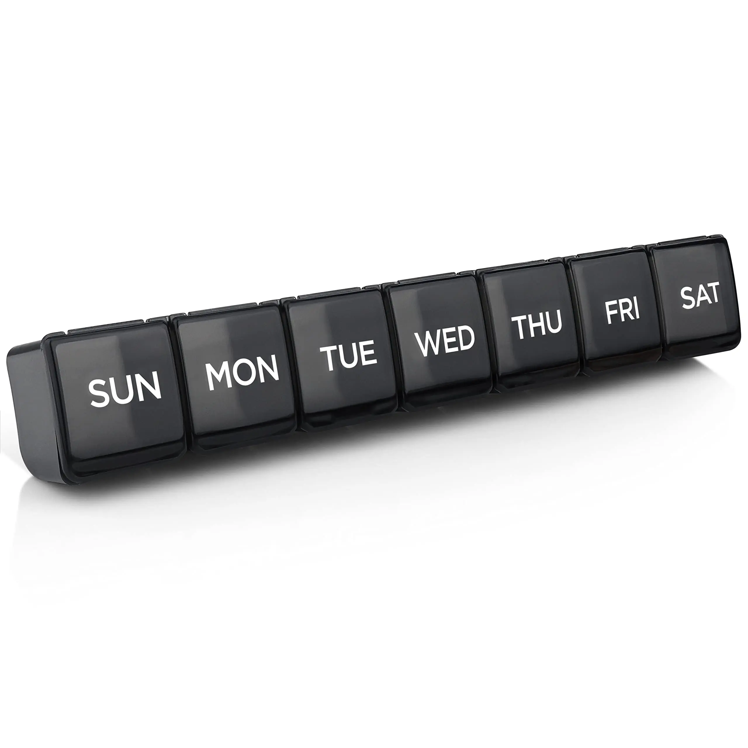 Premium Black Pill Box Organiser - BPA Free - Travel Tablet Boxes - Easy to Open Large Compartments, Unique Spring Assisted Open Design for Tablets, Vitamins, Medication and Cod Liver Oil