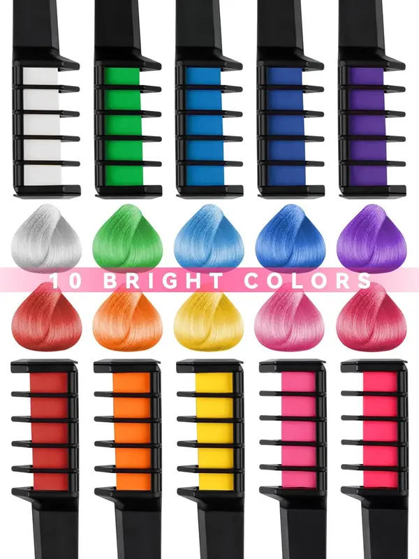 10 Pieces Non Permanent Temporary High Quality Colour , Non Toxic & Wet or Dry Hairs Temporary Hair Chalk, Washable Color Hair Comb, Rainbow Hair Dye Chalk Comb for Birthday, Masquerade, Cosplay DIY Decorate Best Gift For Kids Girls, Boys & Adults 1
