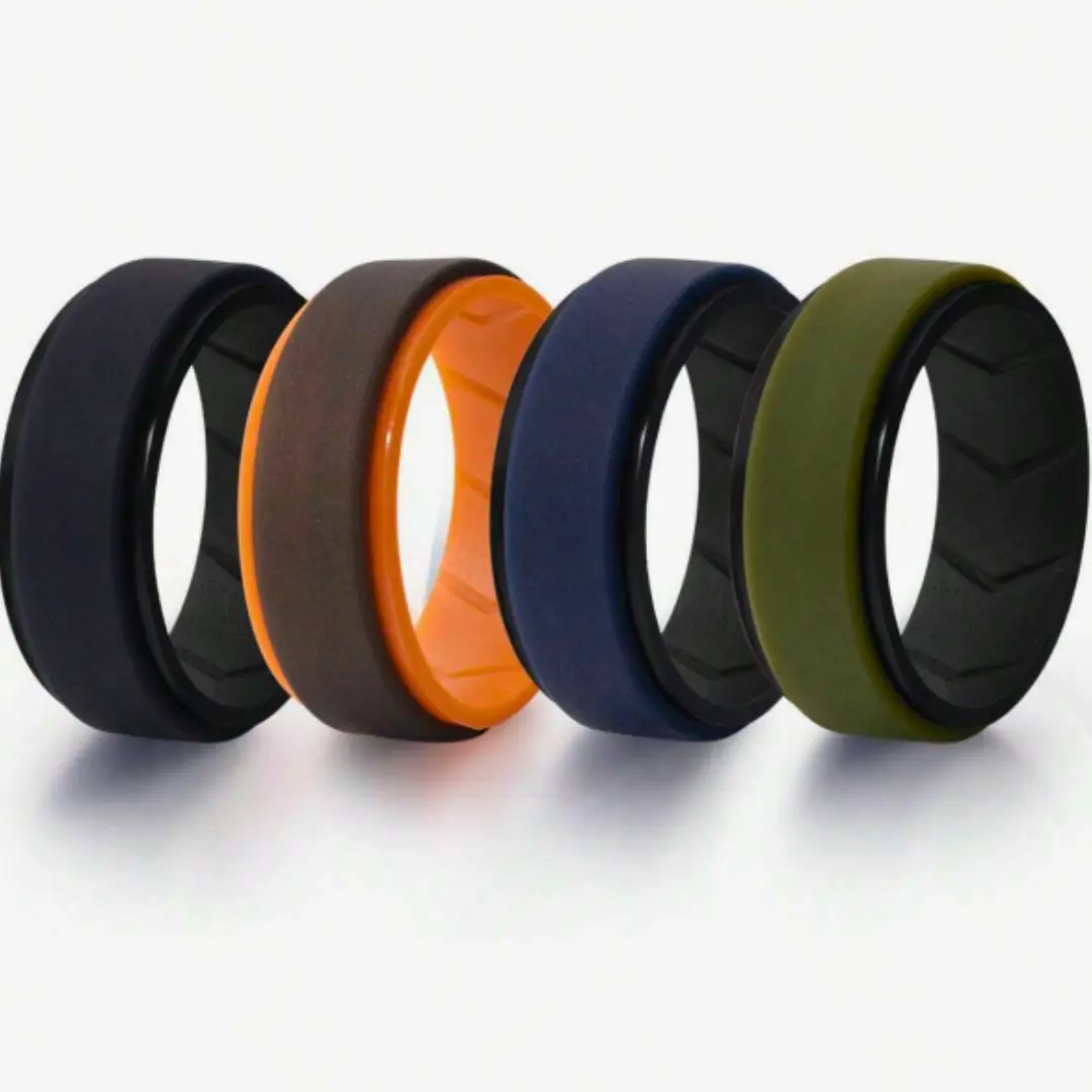 Set of 4 Two-tone Silicone Rings for Men, Convenient Inner Arc, Breathable, 8mm Wide, 2mm Thick Rubber Rings, Wedding Ring Jewelry, Engagement Ring, Valentine's Day Gift, Dad Gift, Father's Day