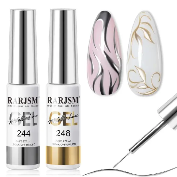 Metallic Gel Nail Art Liner Set - Silver Bronze Gold - 2pcs - Mirror Chrome - 3D Effect - 8ml Build-in Thin Brush - Manicure, Cutics
