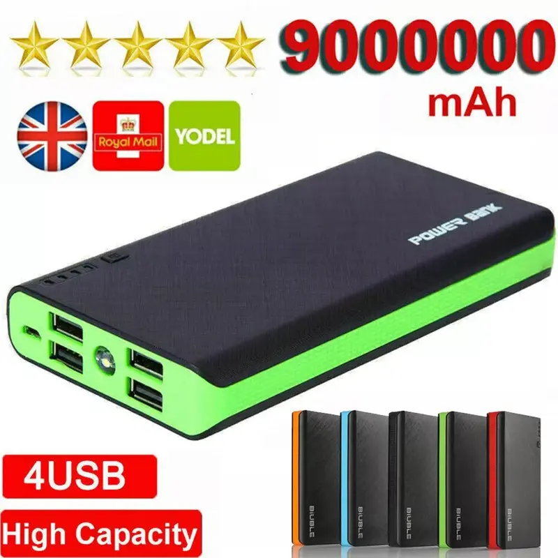 9000000mAh Power Bank 4 USB LED Fast Charger Battery Pack for Mobile Phone Accessories Charging Device Lights Bluetooth Button Cable Digital Electronic Chargeable Micro Protection Smartphone power  bank 6