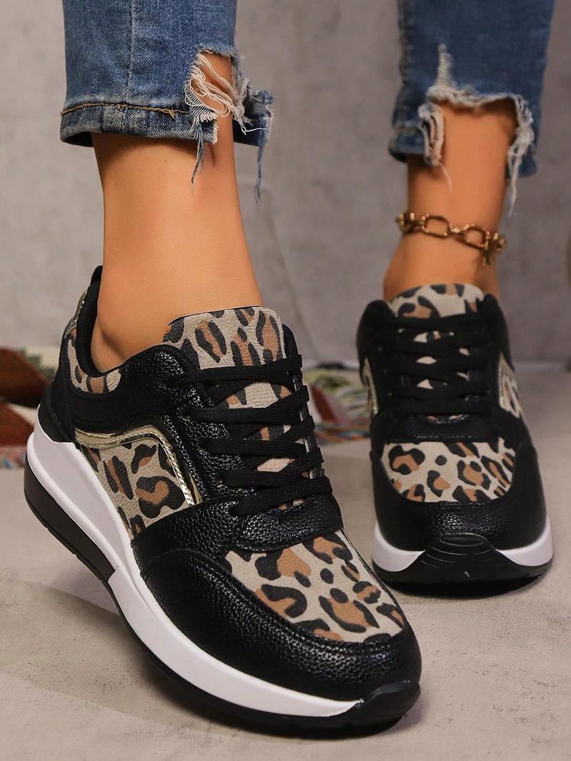 Product Introduction of Women's Wedge Platform Sneakers, Casual Non-Slip Lace-Up Leopard Print Sporty Shoes, Retro Mixed Color Comfy Low-Top Outdoor Leisure Fashion Sneakers, Shoes For Women Footwear Girl 14