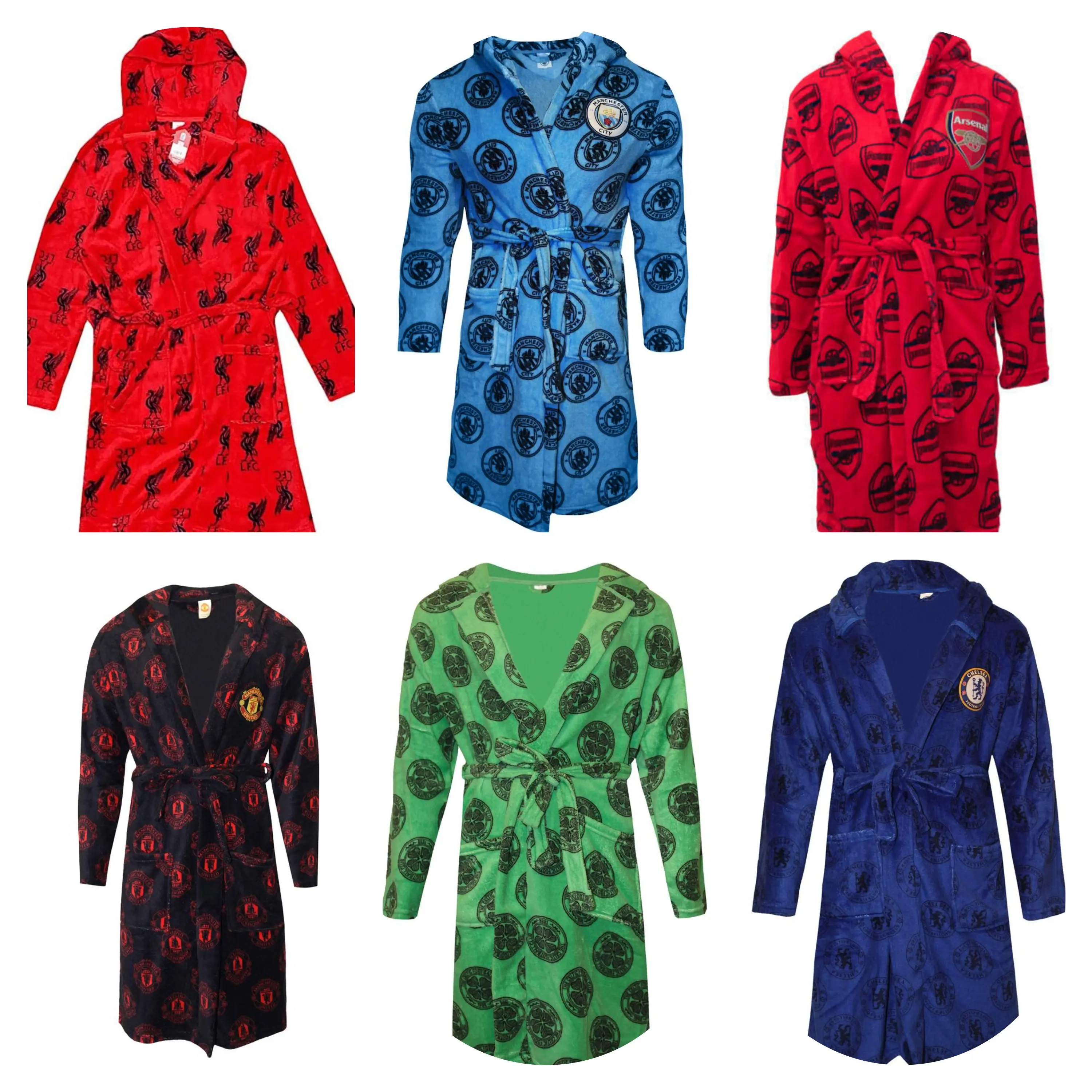 Official Licensed Adult Mens & Older Boys Football Robes / Dressing Gowns Polyester- 6 Styles | UK Sizes S-XL Nightwear Fabric Menswear Soft Long Sleeves Loungewear Celtic Arsenal Chelsea Man Utd Man City  Liverpool Christmas Gift