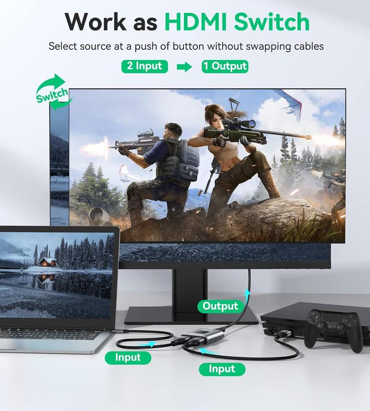 Splitter, 4K HDMI Switch 2 in 1 Out or 1 in 2 Out, Aluminum HDMI Switcher for TV/PC/Laptop/DVD/PS4/PS3/Xbox 360/Xbox One/TV Stick/Gaming box/Blu-Ray-Player/Projector (HDMI CABLE NOT INCLUDE) 4
