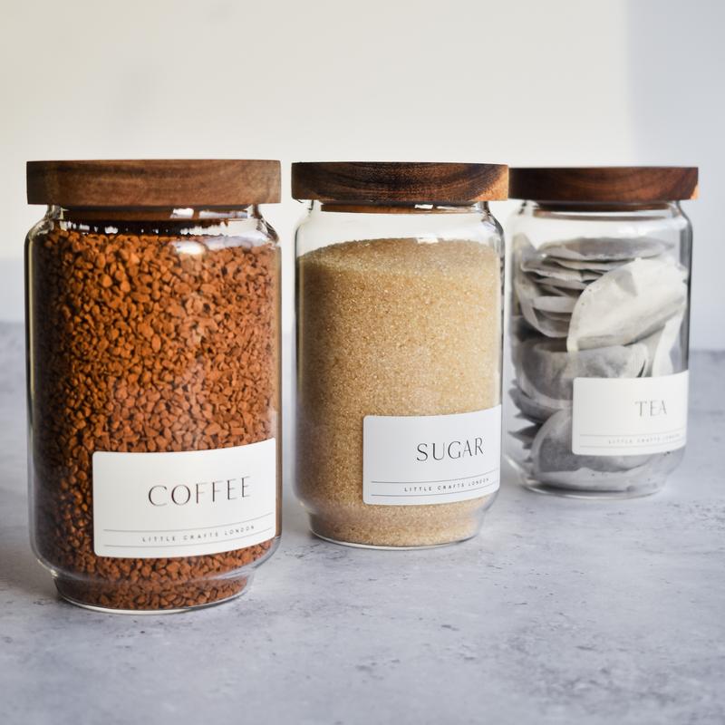Set of 3 Acacia Glass Jars Tea, Coffee and Sugar 750 ML | Tea Coffee Sugar Canisters [LABEL SLIM] Airtight Containers 7