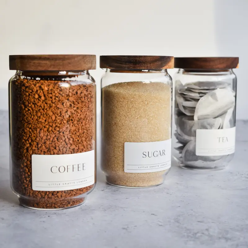 Set of 3 Acacia Glass Jars Tea, Coffee and Sugar 750 ML | Tea Coffee Sugar Canisters [LABEL SLIM] Airtight Containers 7