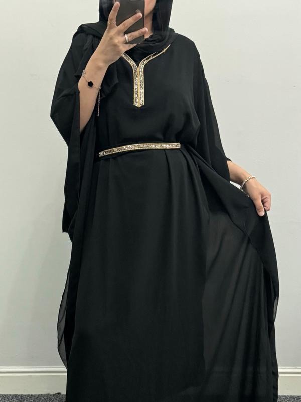 Ladies Girls Muslim Fashion Solid Belt Kaftan Elegant Long Sleeves Abaya 5