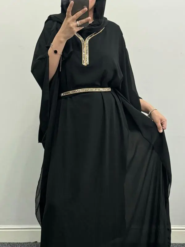 Ladies Girls Muslim Fashion Solid Belt Kaftan Elegant Long Sleeves Abaya 4