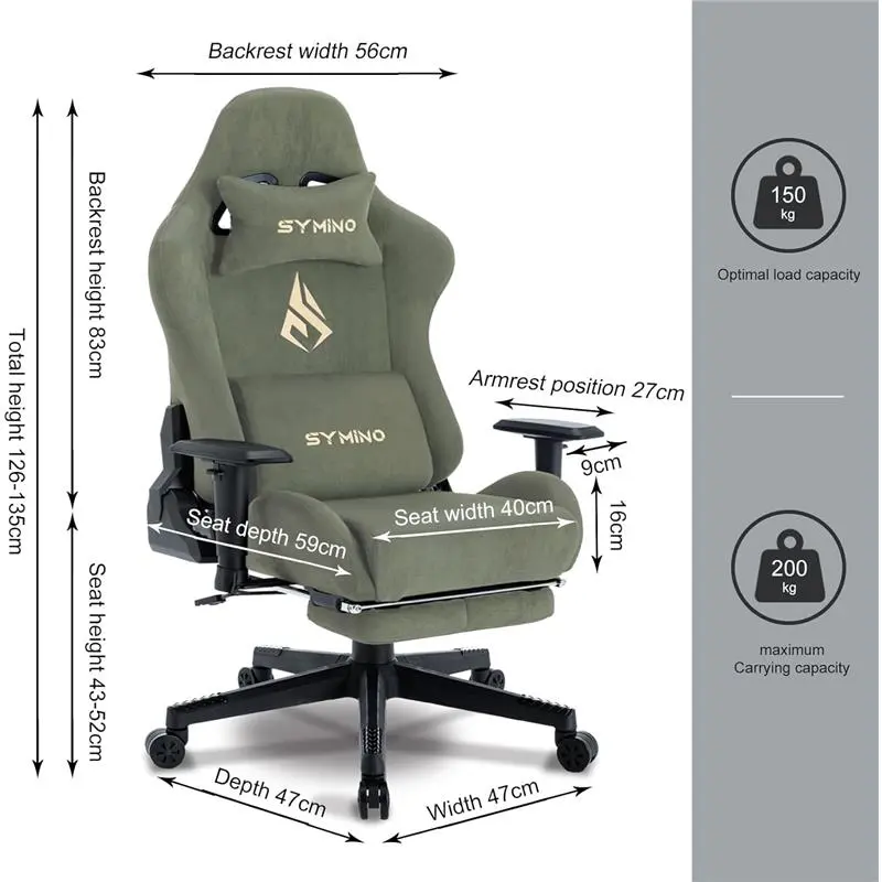 Gaming Chair, Computer Chair with Footrest, Headrest and Lumbar Support, Ergonomic PC Chair, Height Adjustable Rotating Task Chairs, Green