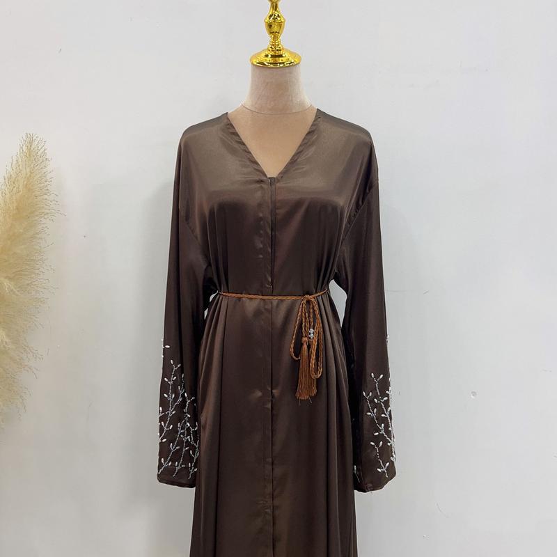 Product Introduction of HS1024 1pcs Satin Cardigan Handmade Beaded Dress Abaya 15