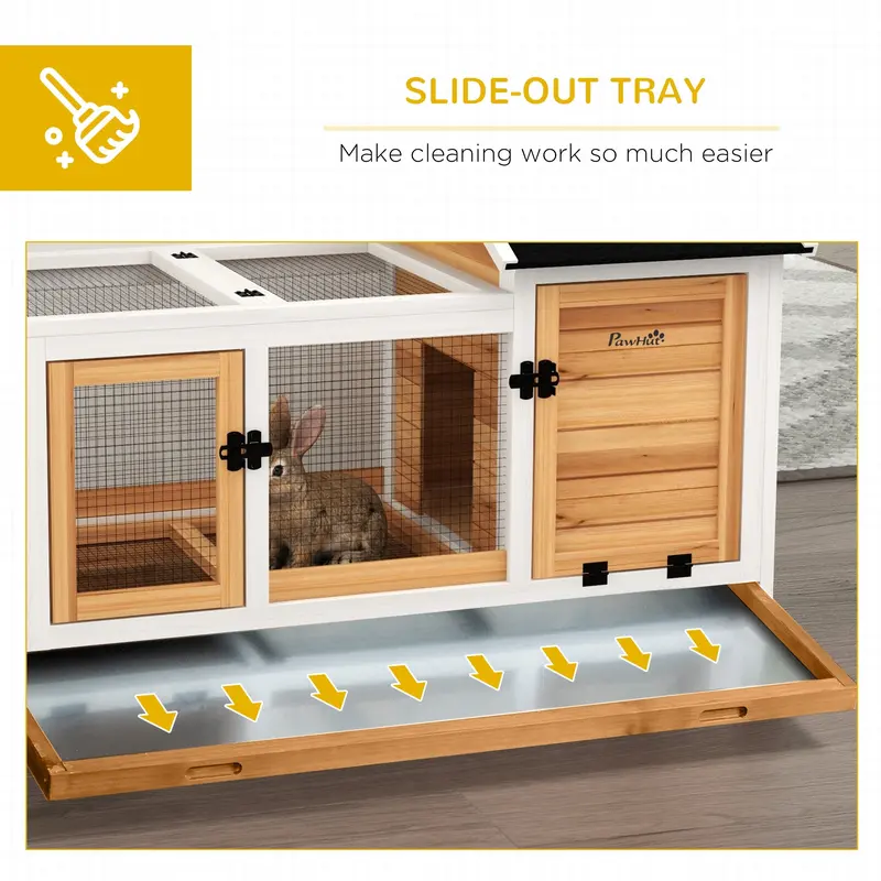 PawHut Wooden Rabbit Hutch, Guinea Pig Cage, with Removable Tray, Wheels - Yellow 5