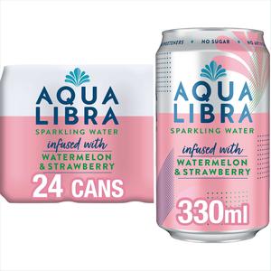 Aqua Libra Watermelon & Strawberry Infused Sparkling Water 24 pack of 330ml cans Beverage Fruit